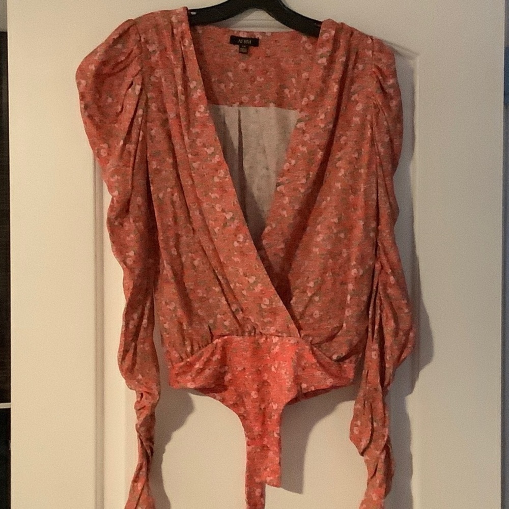 AFRM Coral Pink Floral Wrap Blouse